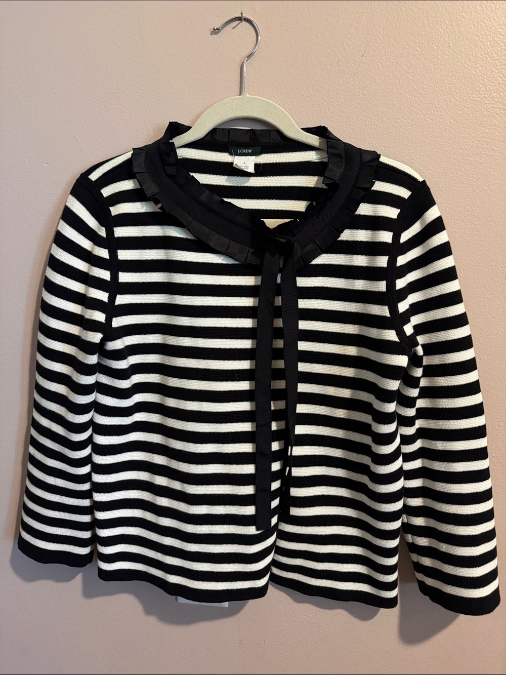 J. Crew Black and White Striped Ruffle Tie-Neck Cardigan